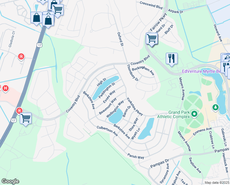 map of restaurants, bars, coffee shops, grocery stores, and more near 1659 Essex Way in Myrtle Beach