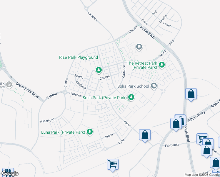map of restaurants, bars, coffee shops, grocery stores, and more near 362 Chorus in Irvine