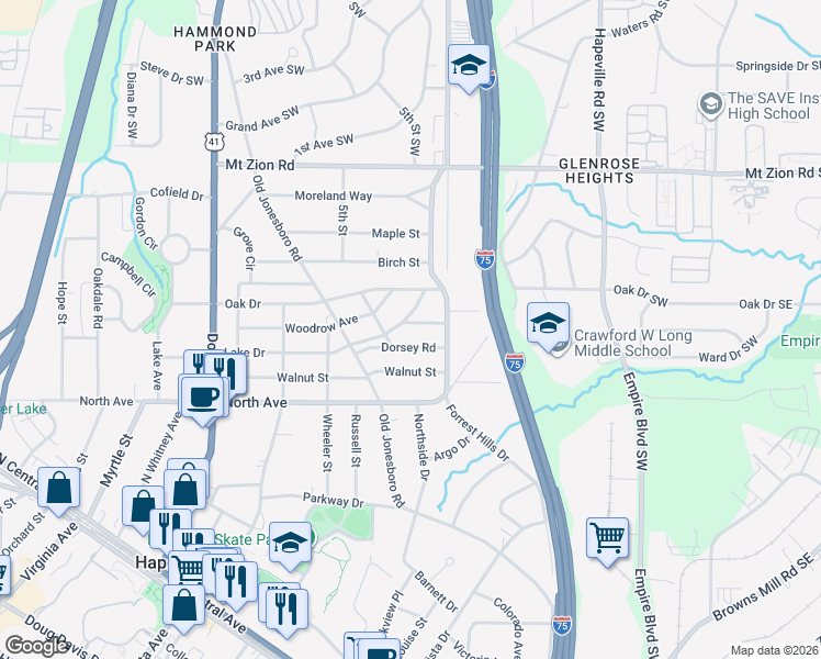 map of restaurants, bars, coffee shops, grocery stores, and more near 448 Grady Place in Hapeville