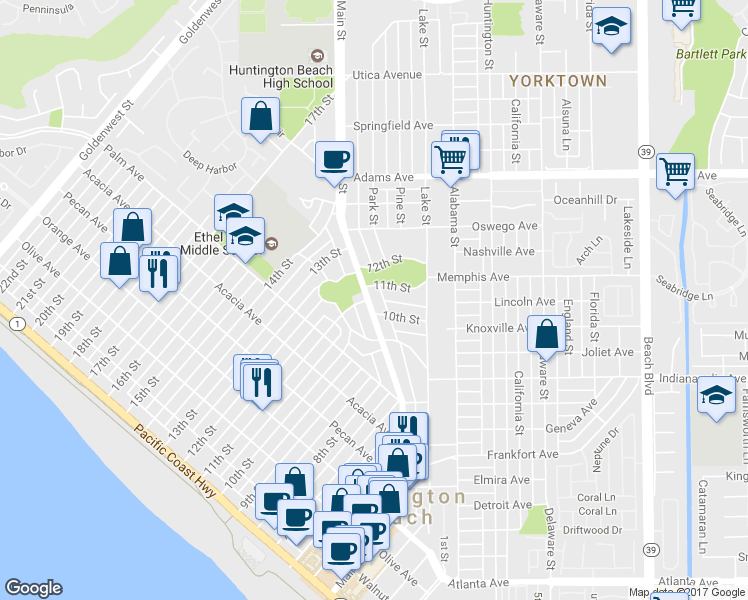 map of restaurants, bars, coffee shops, grocery stores, and more near 912 Main Street in Huntington Beach