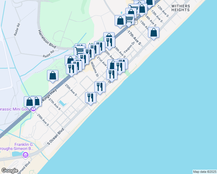 map of restaurants, bars, coffee shops, grocery stores, and more near 2209s South Ocean Boulevard in Myrtle Beach