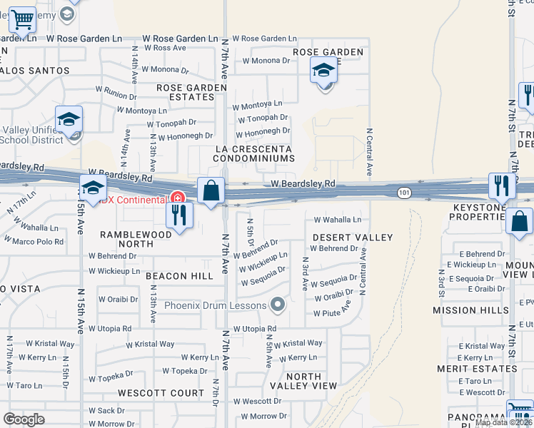 map of restaurants, bars, coffee shops, grocery stores, and more near 406 West Marco Polo Road in Phoenix