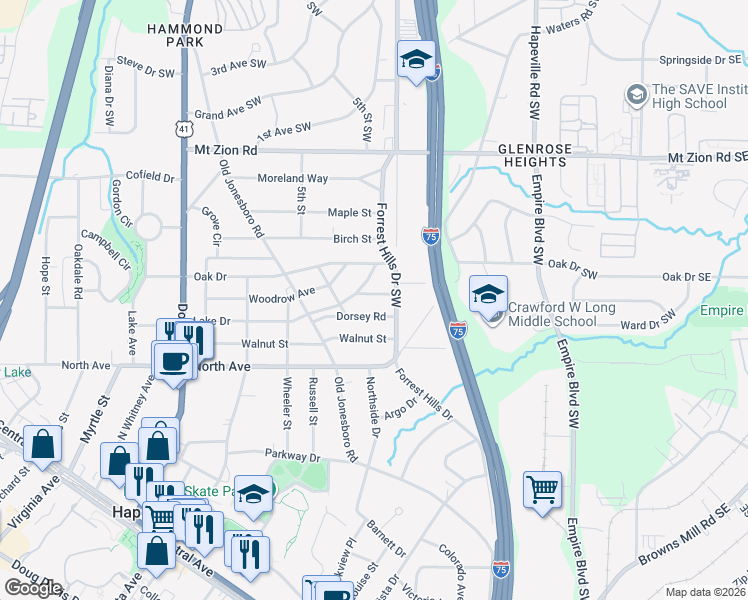 map of restaurants, bars, coffee shops, grocery stores, and more near 444 Grady Place in Hapeville