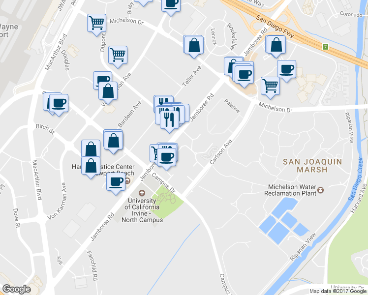 map of restaurants, bars, coffee shops, grocery stores, and more near 2400 Scholarship in Irvine