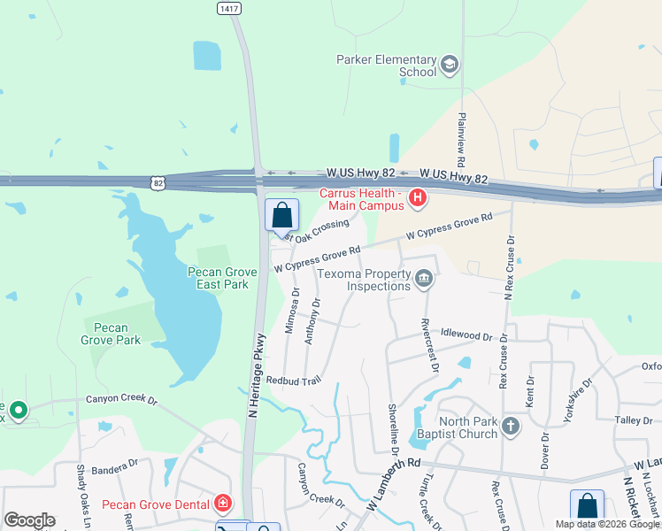 map of restaurants, bars, coffee shops, grocery stores, and more near 1718 West Cypress Grove Road in Sherman