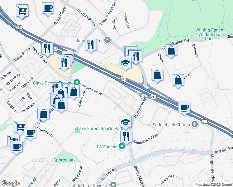 map of restaurants, bars, coffee shops, grocery stores, and more near 68 Zion Drive in Lake Forest