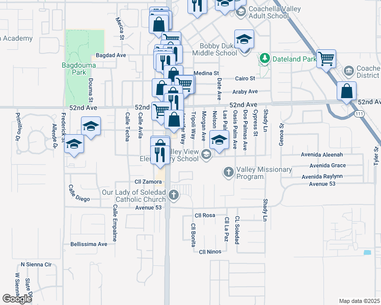 map of restaurants, bars, coffee shops, grocery stores, and more near 52443 Tripoli Way in Coachella