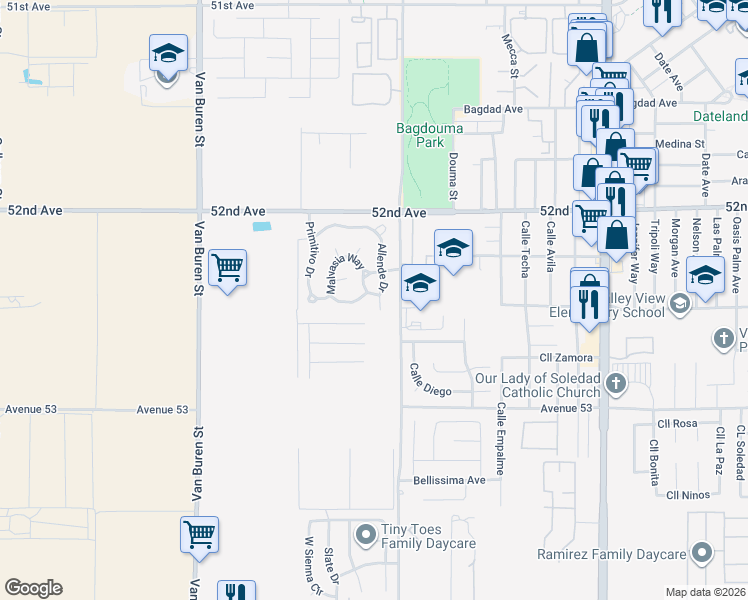 map of restaurants, bars, coffee shops, grocery stores, and more near 52171 Allende Drive in Coachella