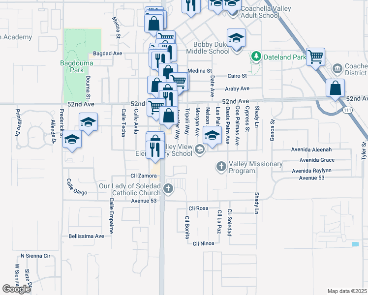 map of restaurants, bars, coffee shops, grocery stores, and more near 52443 Tripoli Way in Coachella