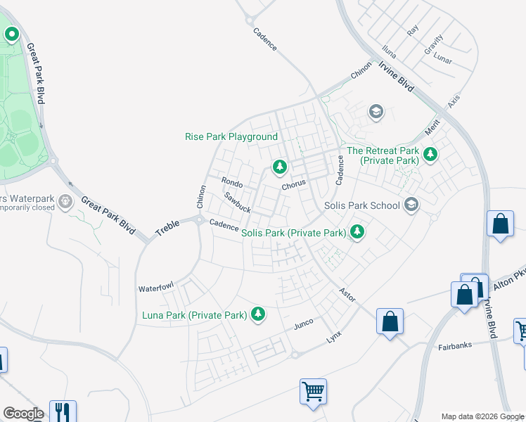 map of restaurants, bars, coffee shops, grocery stores, and more near 105 Chorus in Irvine
