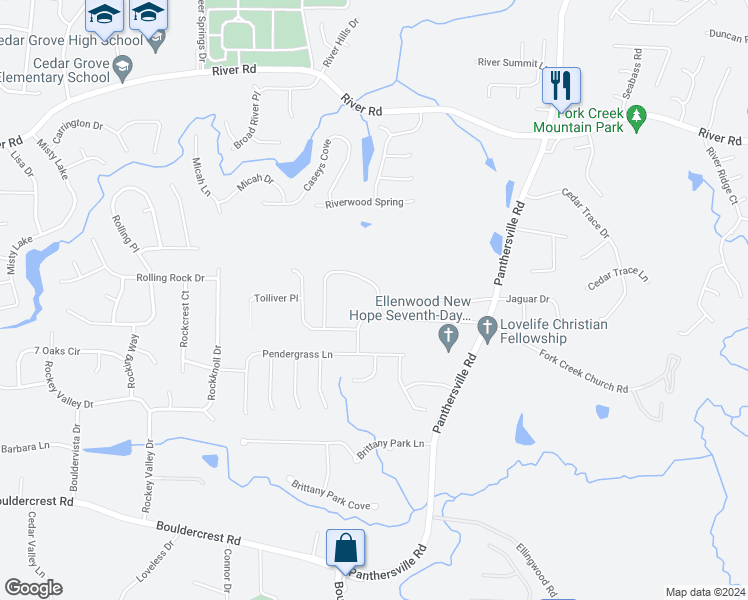 map of restaurants, bars, coffee shops, grocery stores, and more near 2551 Tolliver Drive in Ellenwood