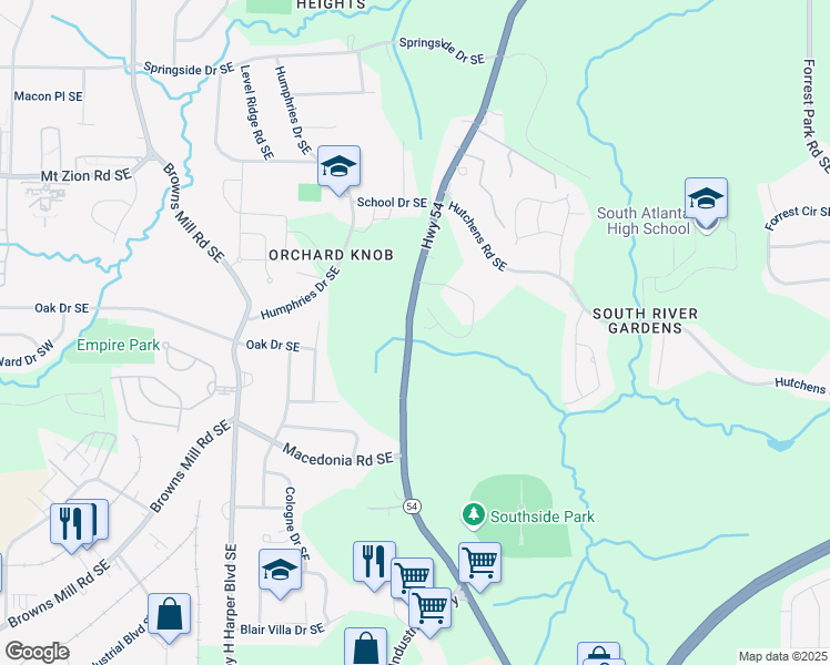 map of restaurants, bars, coffee shops, grocery stores, and more near 565 Abbott Court Southeast in Atlanta