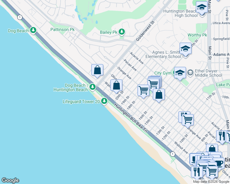 map of restaurants, bars, coffee shops, grocery stores, and more near 204 20th Street in Huntington Beach