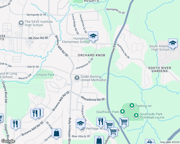 map of restaurants, bars, coffee shops, grocery stores, and more near 3216 Belfort Road Southeast in Atlanta