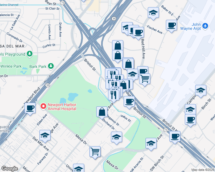 map of restaurants, bars, coffee shops, grocery stores, and more near 1330 Bristol Street in Costa Mesa