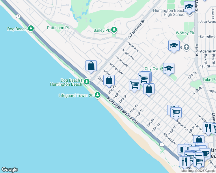 map of restaurants, bars, coffee shops, grocery stores, and more near 122 21st Street in Huntington Beach