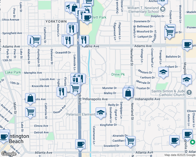 map of restaurants, bars, coffee shops, grocery stores, and more near 20331 Portview Circle in Huntington Beach