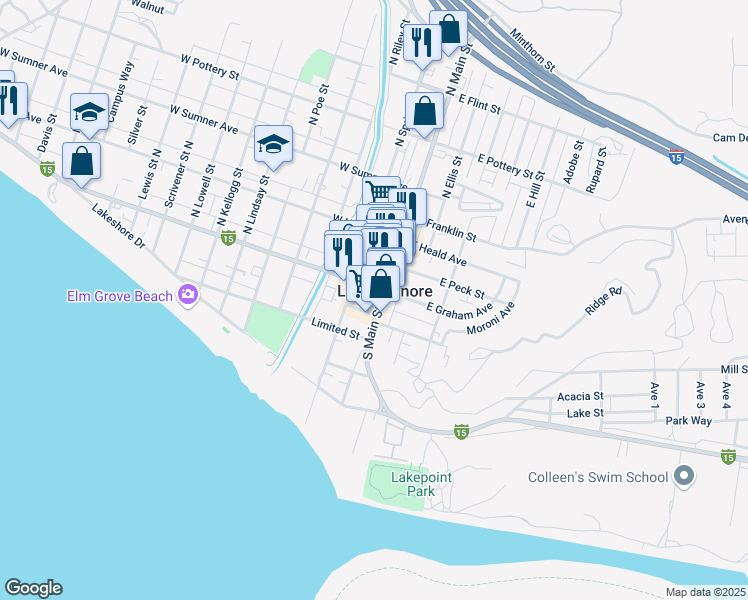 map of restaurants, bars, coffee shops, grocery stores, and more near in Lake Elsinore