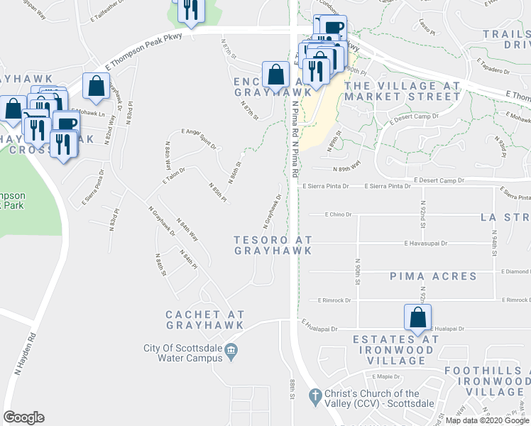 map of restaurants, bars, coffee shops, grocery stores, and more near North Grayhawk Drive in Scottsdale