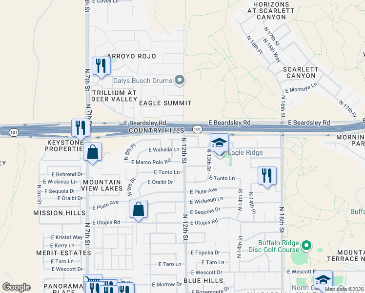 map of restaurants, bars, coffee shops, grocery stores, and more near 1118 East Wahalla Lane in Phoenix