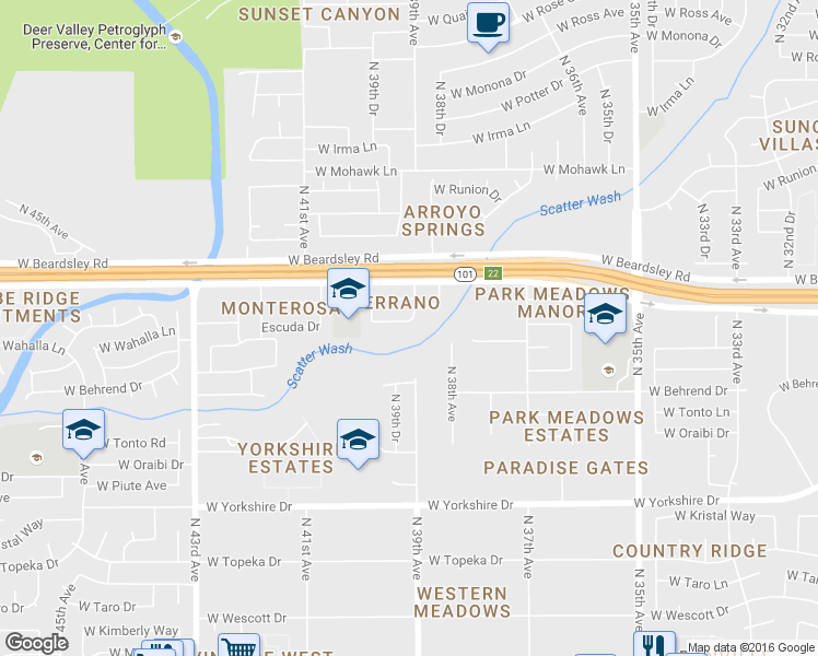 map of restaurants, bars, coffee shops, grocery stores, and more near 3903 Escuda Drive in Glendale