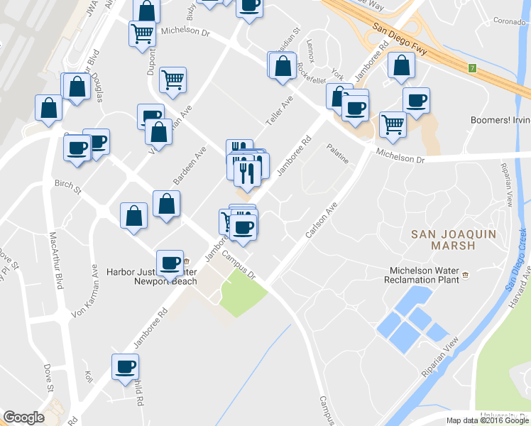 map of restaurants, bars, coffee shops, grocery stores, and more near 1100 Diploma in Irvine
