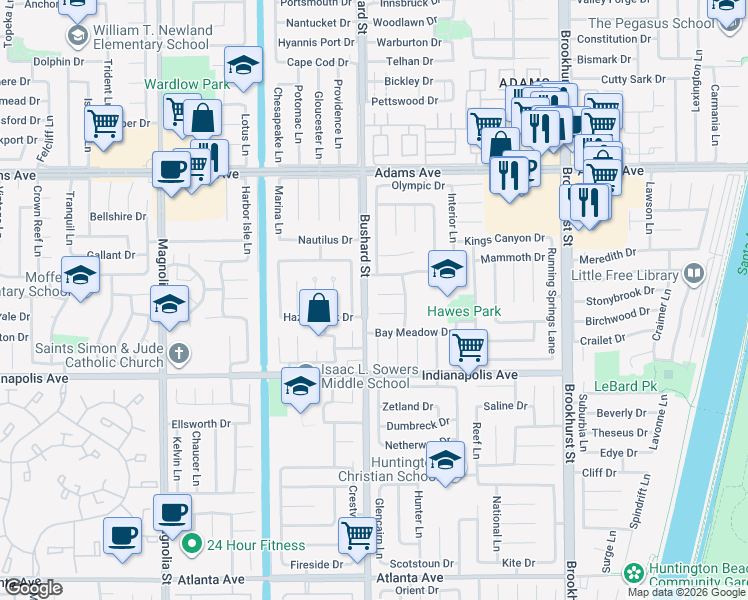 map of restaurants, bars, coffee shops, grocery stores, and more near 9551 Zion Circle in Huntington Beach