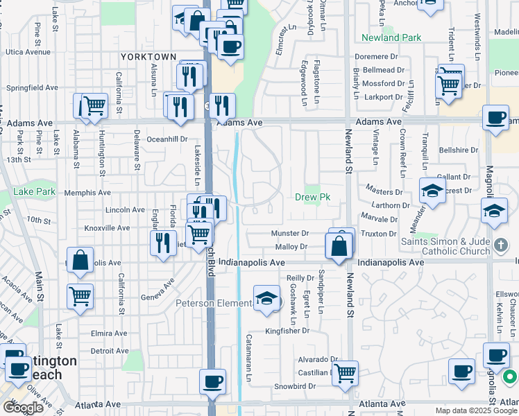 map of restaurants, bars, coffee shops, grocery stores, and more near 20331 Portview Circle in Huntington Beach