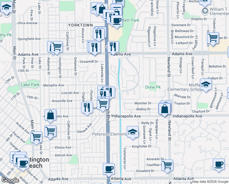 map of restaurants, bars, coffee shops, grocery stores, and more near 20362 Bridgeside Lane in Huntington Beach