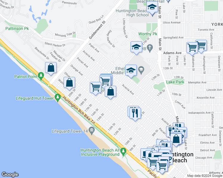 map of restaurants, bars, coffee shops, grocery stores, and more near 502 16th Street in Huntington Beach