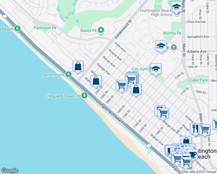 map of restaurants, bars, coffee shops, grocery stores, and more near 226 19th Street in Huntington Beach