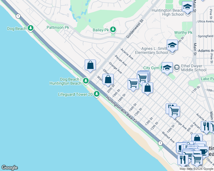 map of restaurants, bars, coffee shops, grocery stores, and more near 204 20th Street in Huntington Beach