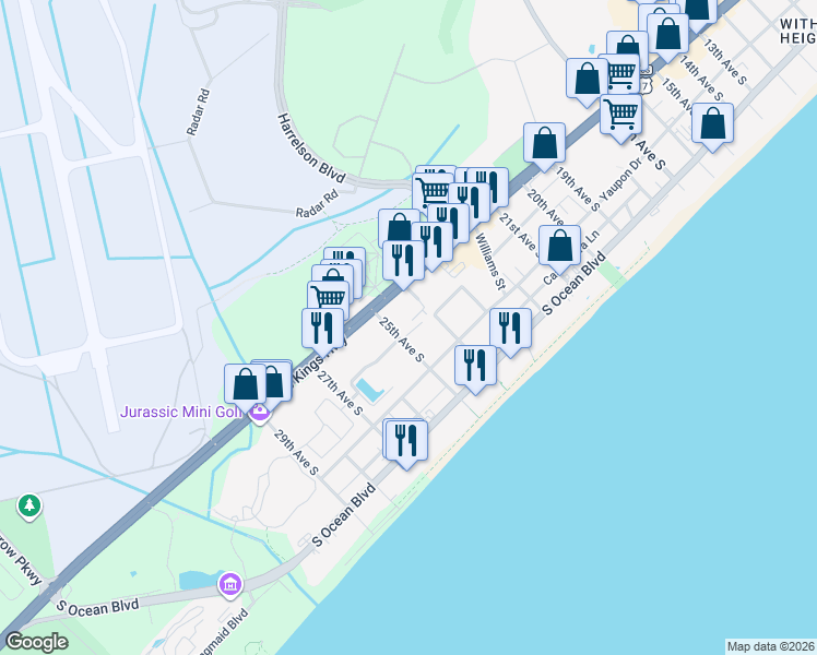 map of restaurants, bars, coffee shops, grocery stores, and more near 2502 Clearwater Street in Myrtle Beach
