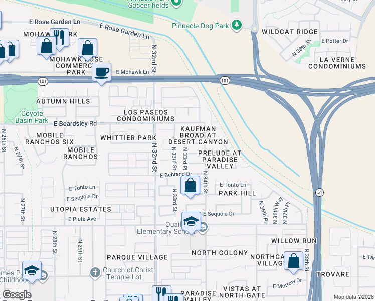map of restaurants, bars, coffee shops, grocery stores, and more near 3324 East Wahalla Lane in Phoenix