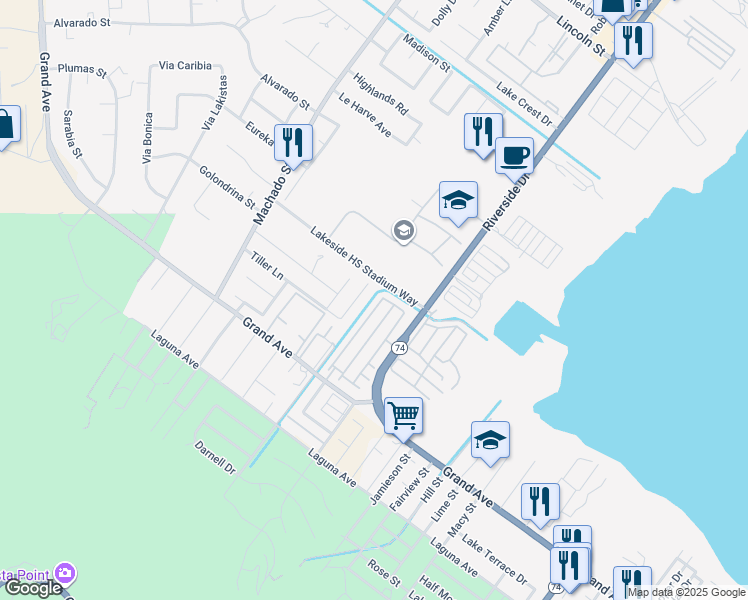 map of restaurants, bars, coffee shops, grocery stores, and more near 32798 Crown Point Lane in Lake Elsinore