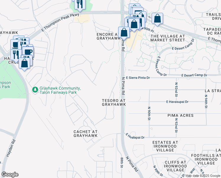 map of restaurants, bars, coffee shops, grocery stores, and more near North Grayhawk Drive in Scottsdale