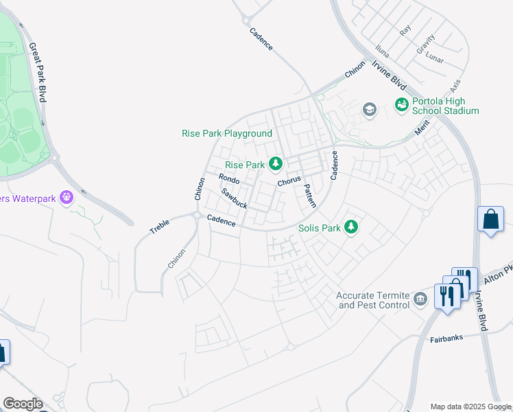 map of restaurants, bars, coffee shops, grocery stores, and more near 105 Chorus in Irvine
