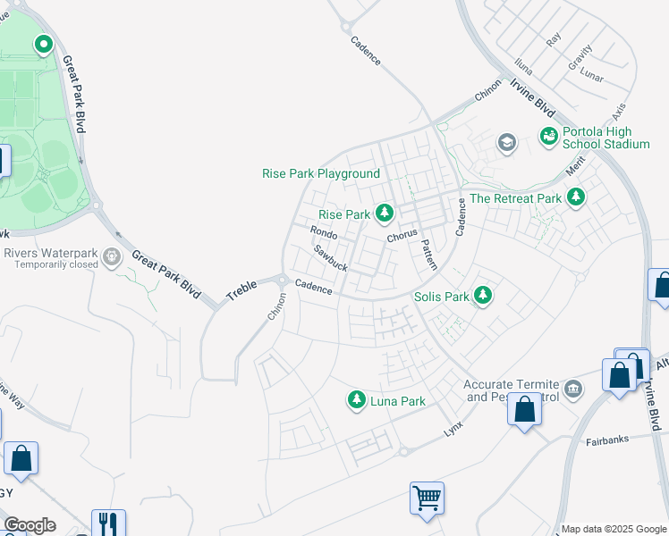 map of restaurants, bars, coffee shops, grocery stores, and more near 105 Sawbuck in Irvine