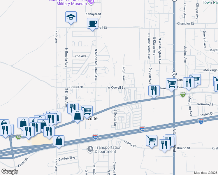 map of restaurants, bars, coffee shops, grocery stores, and more near 643 West Cowell Street in Quartzsite