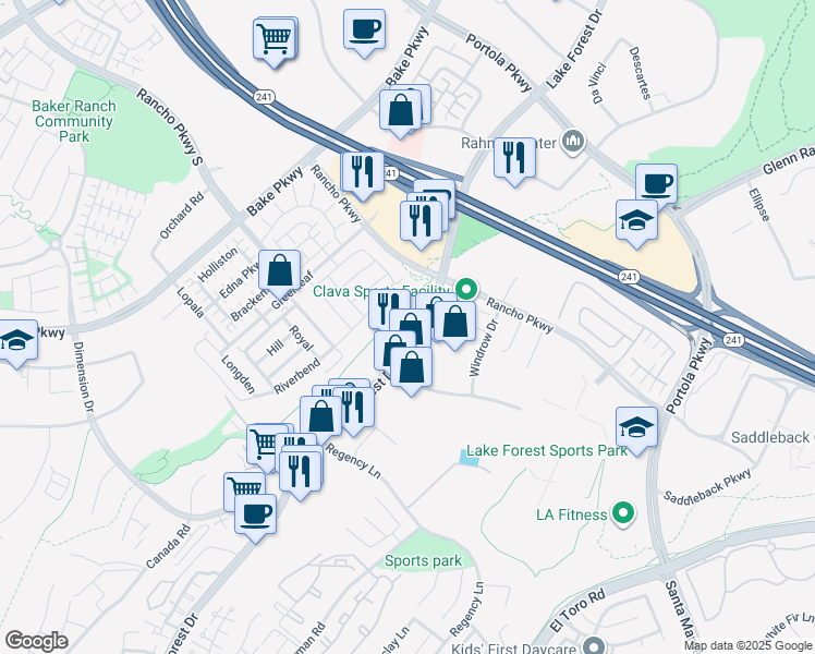map of restaurants, bars, coffee shops, grocery stores, and more near 20251 Lake Forest Drive in Lake Forest