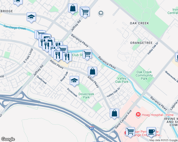map of restaurants, bars, coffee shops, grocery stores, and more near 2404 Crescent Oak in Irvine