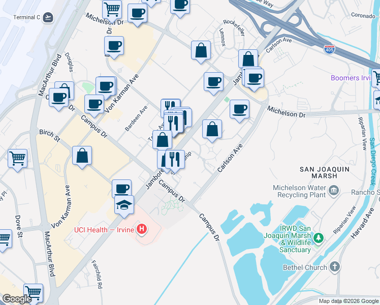 map of restaurants, bars, coffee shops, grocery stores, and more near 1100 Diploma in Irvine