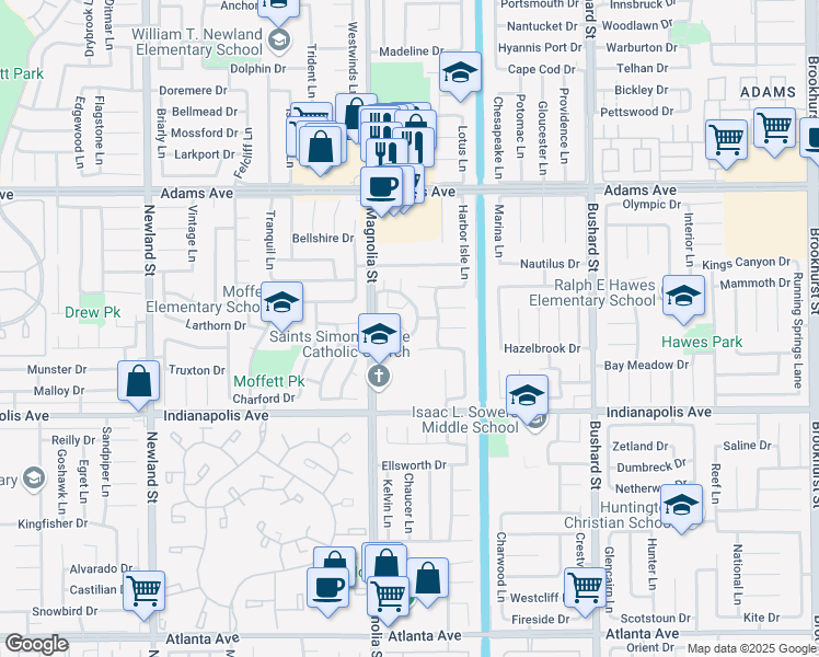 map of restaurants, bars, coffee shops, grocery stores, and more near 20332 Gardenia Drive in Huntington Beach