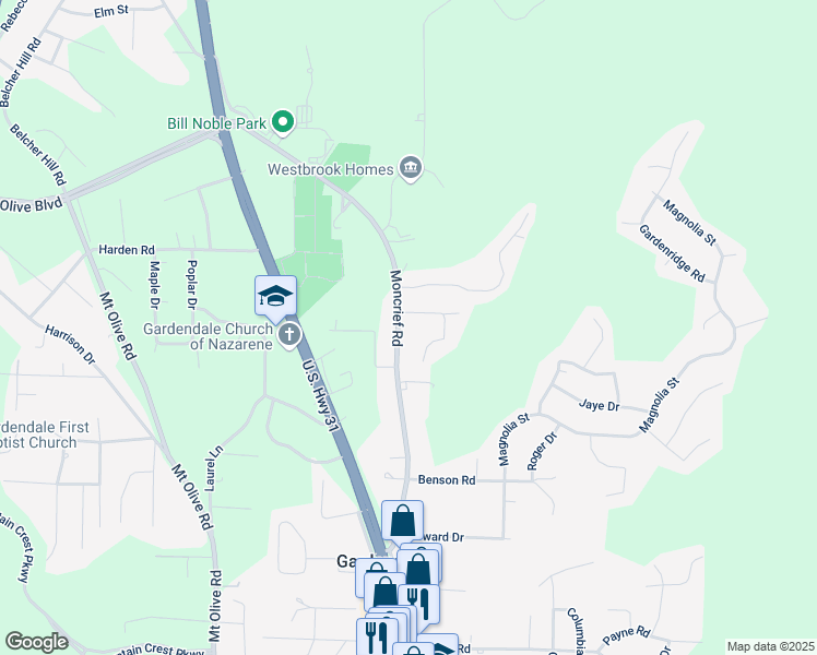 map of restaurants, bars, coffee shops, grocery stores, and more near 1820 Pine Circle in Gardendale