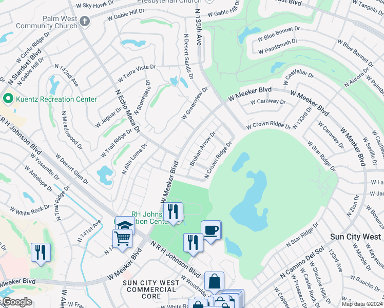 map of restaurants, bars, coffee shops, grocery stores, and more near 20058 North Broken Arrow Drive in Sun City West