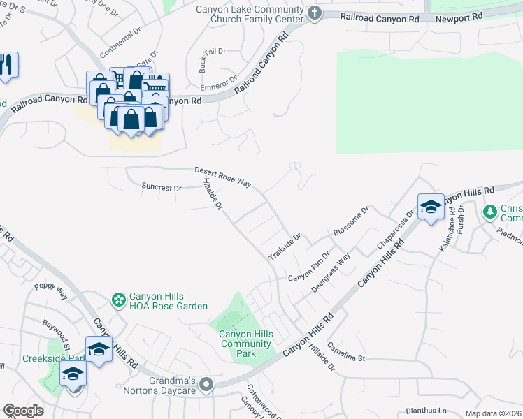 map of restaurants, bars, coffee shops, grocery stores, and more near 35429 Saddle Hill Road in Lake Elsinore