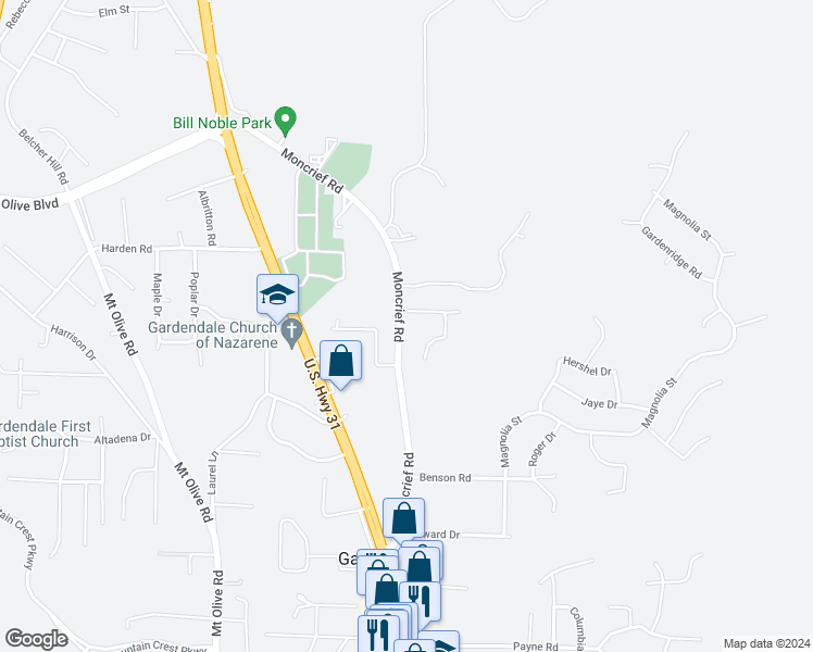 map of restaurants, bars, coffee shops, grocery stores, and more near 1825 Moncrief Road in Gardendale