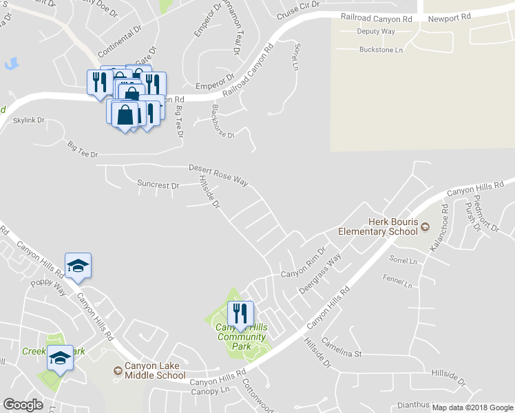 map of restaurants, bars, coffee shops, grocery stores, and more near 35429 Saddle Hill Road in Lake Elsinore