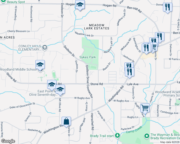 map of restaurants, bars, coffee shops, grocery stores, and more near 3240 Dodson Drive Connector in East Point
