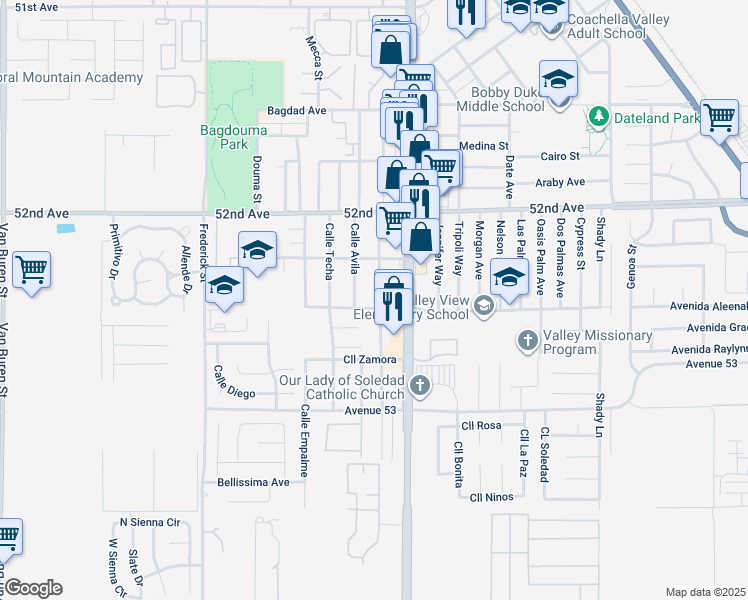 map of restaurants, bars, coffee shops, grocery stores, and more near 52461 Calle Camacho in Coachella